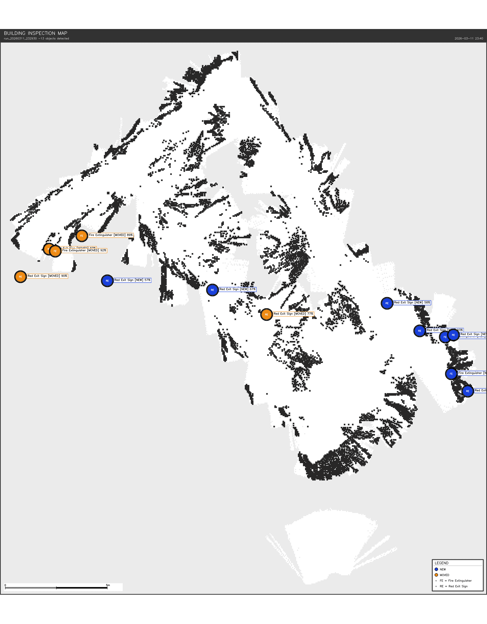 2D floor plan from second inspection run with change detection